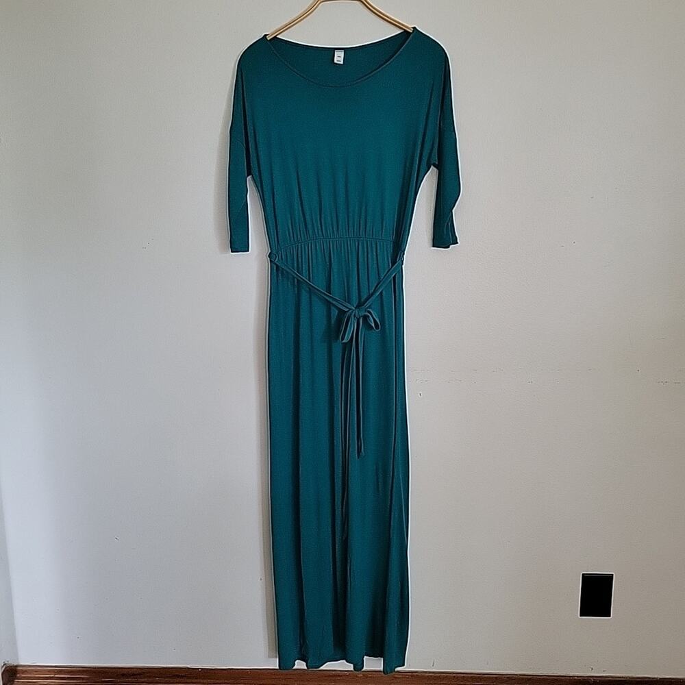 Old‎ Navy Jersey Knit Belted Maxi Dress Green 3/4 Sleeve Boat Neck Casual